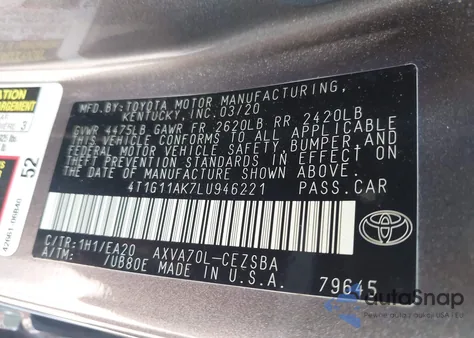 2020 Toyota Camry Se z USA, uszkodzony, nr VIN 4T1G11AK7LU946221